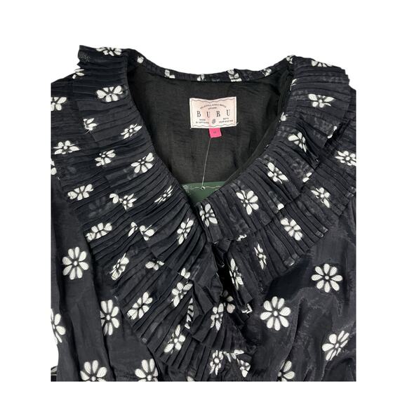 Buru Blanche Floral Pleated Ruffled V-Neck Mini Dress | Sz M, Black White NWT - Picture 15 of 15